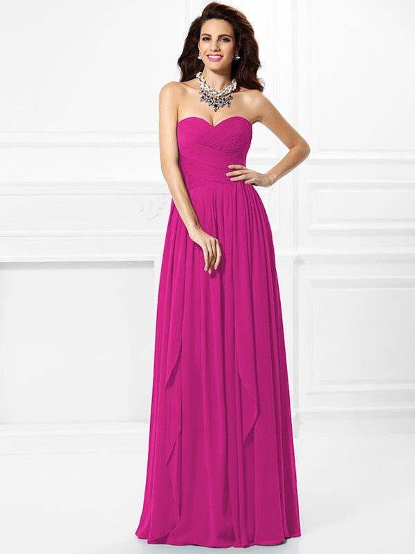 A-Line Charming Sweetheart Pleats Ruffles Sleeveless Long Chiffon Bridesmaid Dresses