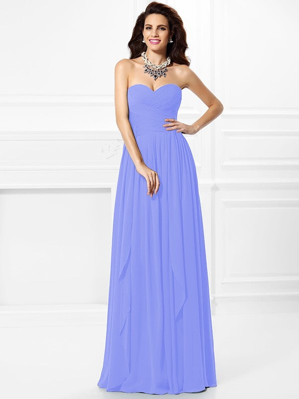 A-Line Charming Sweetheart Pleats Ruffles Sleeveless Long Chiffon Bridesmaid Dresses