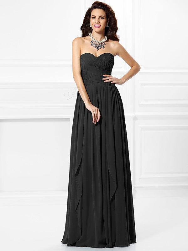 A-Line Charming Sweetheart Pleats Ruffles Sleeveless Long Chiffon Bridesmaid Dresses