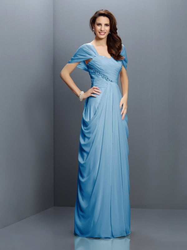 A-Line Charming Sweetheart Pleats Short Sleeves Long Chiffon Bridesmaid Dresses