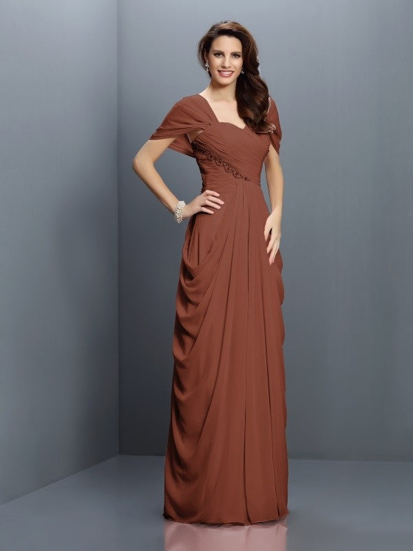 A-Line Charming Sweetheart Pleats Short Sleeves Long Chiffon Bridesmaid Dresses