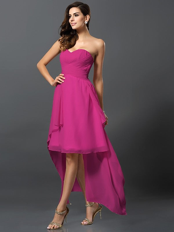 A-Line Charming Sweetheart Pleats Sleeveless High Low Chiffon Bridesmaid Dresses