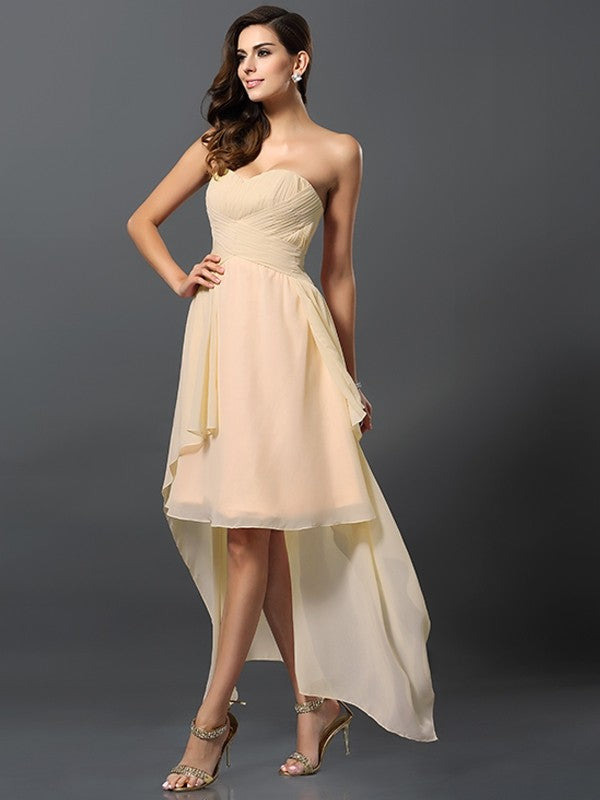 A-Line Charming Sweetheart Pleats Sleeveless High Low Chiffon Bridesmaid Dresses