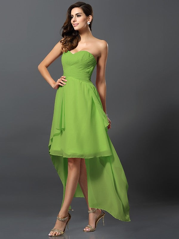 A-Line Charming Sweetheart Pleats Sleeveless High Low Chiffon Bridesmaid Dresses