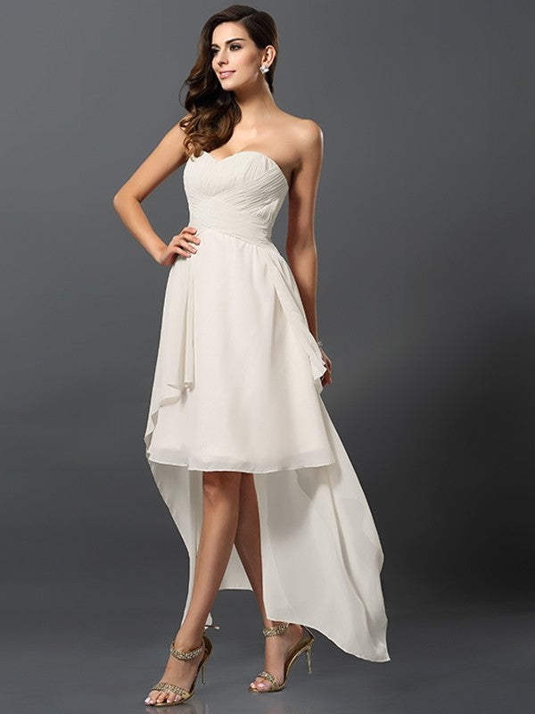 A-Line Charming Sweetheart Pleats Sleeveless High Low Chiffon Bridesmaid Dresses