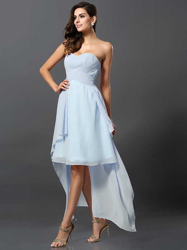 A-Line Charming Sweetheart Pleats Sleeveless High Low Chiffon Bridesmaid Dresses