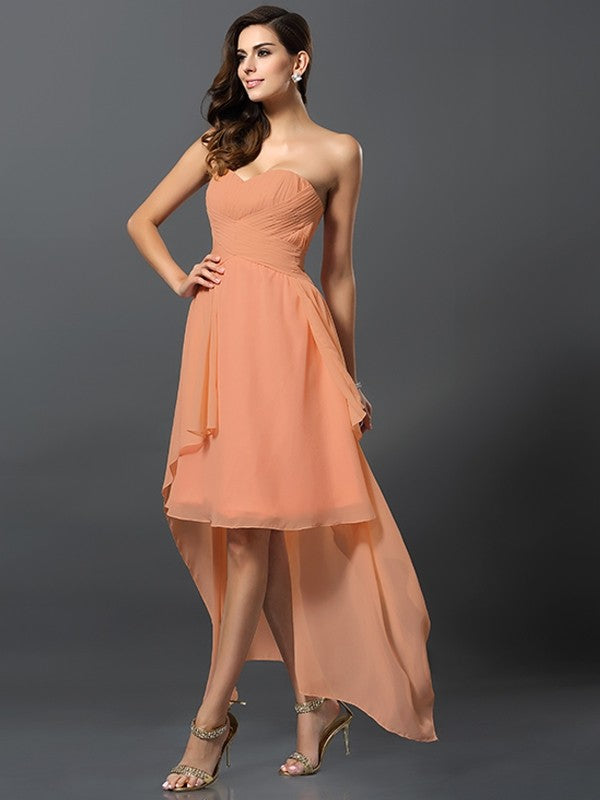 A-Line Charming Sweetheart Pleats Sleeveless High Low Chiffon Bridesmaid Dresses