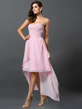 A-Line Charming Sweetheart Pleats Sleeveless High Low Chiffon Bridesmaid Dresses