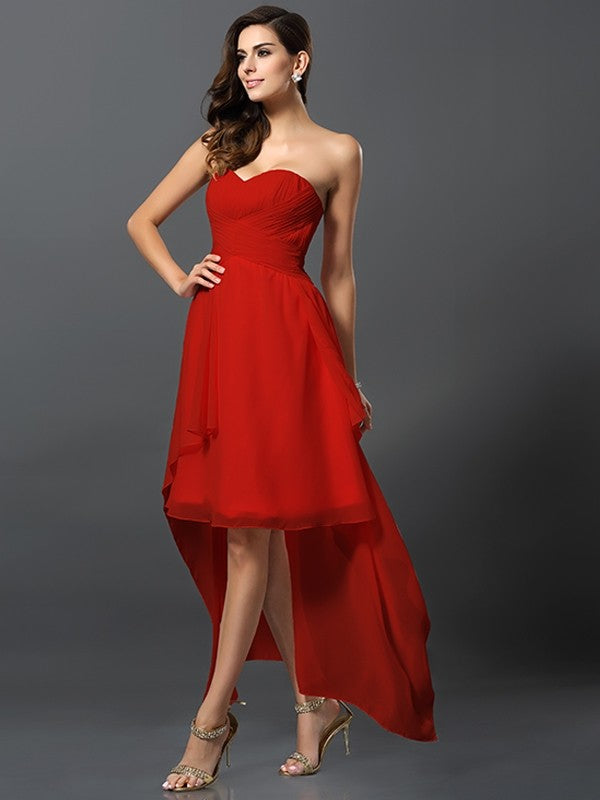 A-Line Charming Sweetheart Pleats Sleeveless High Low Chiffon Bridesmaid Dresses