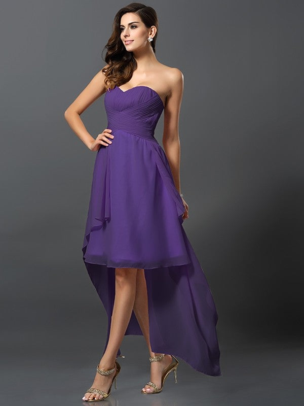 A-Line Charming Sweetheart Pleats Sleeveless High Low Chiffon Bridesmaid Dresses