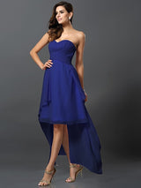 A-Line Charming Sweetheart Pleats Sleeveless High Low Chiffon Bridesmaid Dresses