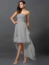 A-Line Charming Sweetheart Pleats Sleeveless High Low Chiffon Bridesmaid Dresses