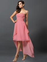 A-Line Charming Sweetheart Pleats Sleeveless High Low Chiffon Bridesmaid Dresses