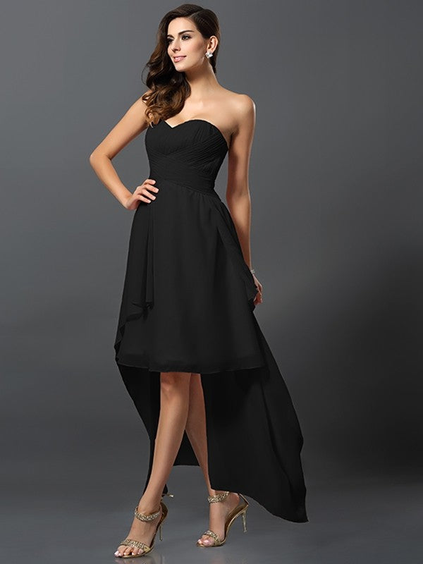 A-Line Charming Sweetheart Pleats Sleeveless High Low Chiffon Bridesmaid Dresses