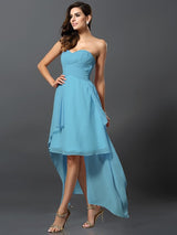 A-Line Charming Sweetheart Pleats Sleeveless High Low Chiffon Bridesmaid Dresses