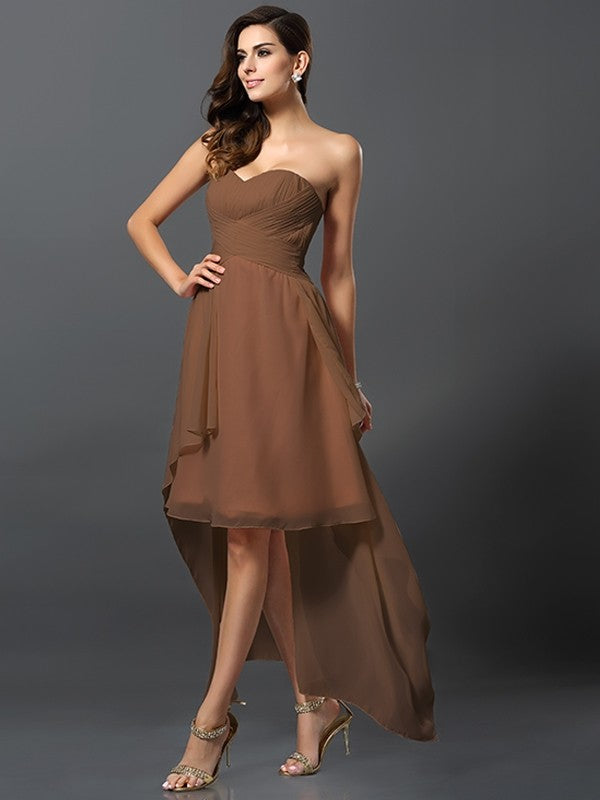 A-Line Charming Sweetheart Pleats Sleeveless High Low Chiffon Bridesmaid Dresses