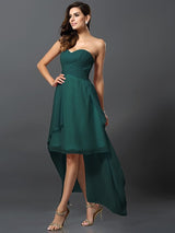 A-Line Charming Sweetheart Pleats Sleeveless High Low Chiffon Bridesmaid Dresses