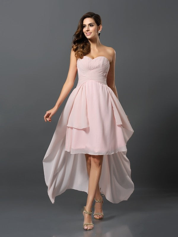 Gorgeous Sweetheart Pleats Sleeveless High Low Chiffon Bridesmaid Dresses