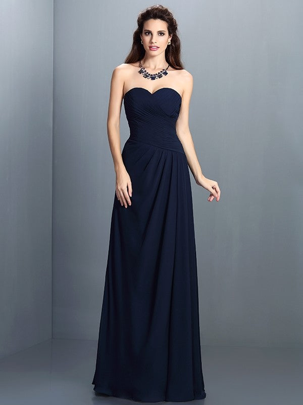 A-Line Charming Sweetheart Pleats Sleeveless Long Chiffon Bridesmaid Dresses