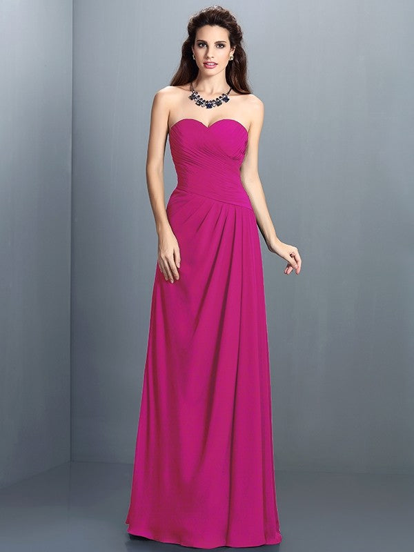 A-Line Charming Sweetheart Pleats Sleeveless Long Chiffon Bridesmaid Dresses