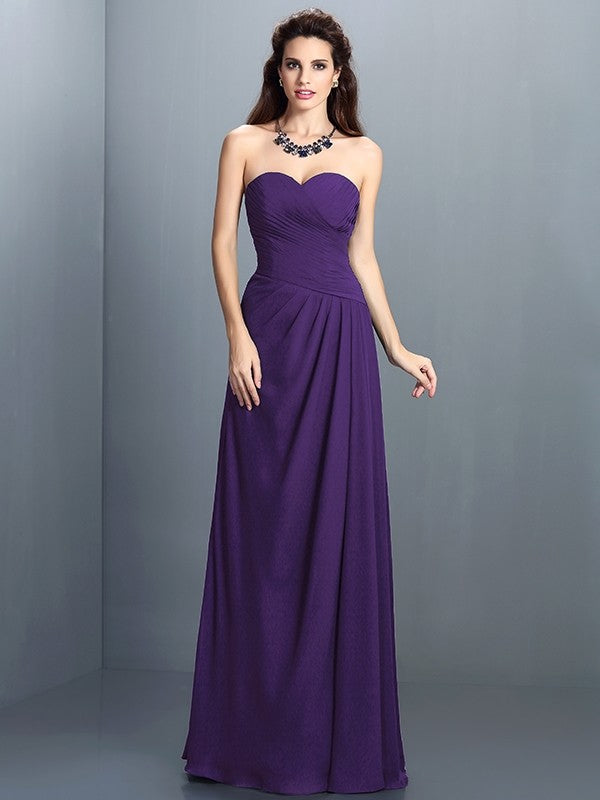 A-Line Charming Sweetheart Pleats Sleeveless Long Chiffon Bridesmaid Dresses