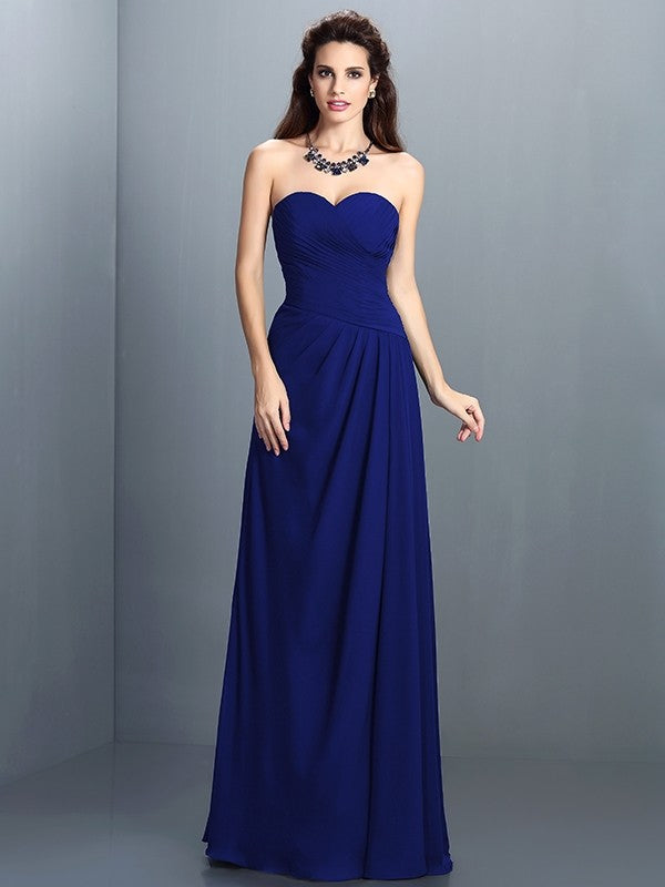 A-Line Charming Sweetheart Pleats Sleeveless Long Chiffon Bridesmaid Dresses