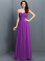 A-Line Charming Sweetheart Pleats Sleeveless Long Satin Bridesmaid Dresses