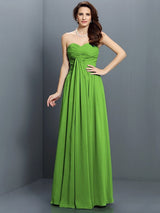 A-Line Charming Sweetheart Pleats Sleeveless Long Satin Bridesmaid Dresses