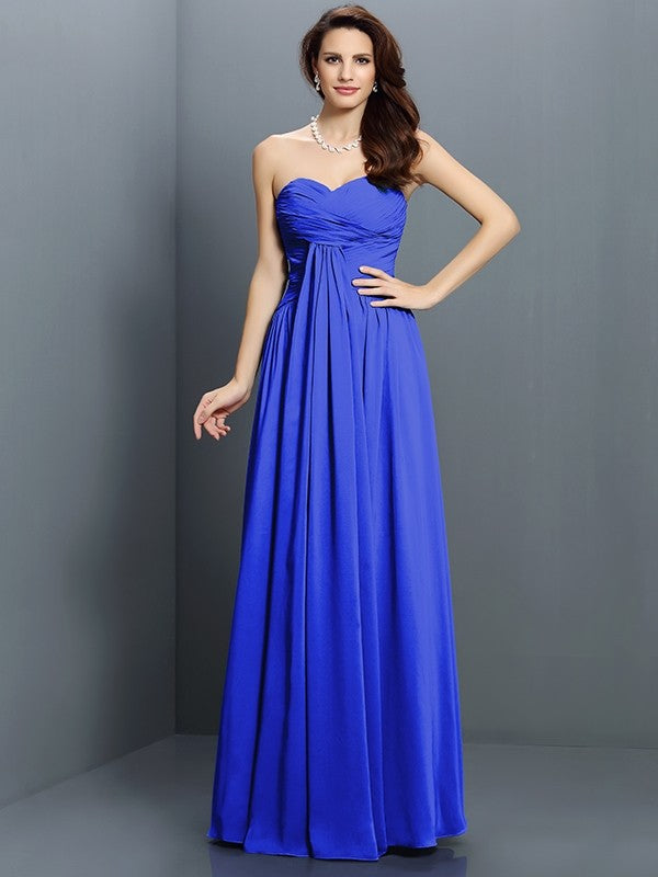 A-Line Charming Sweetheart Pleats Sleeveless Long Satin Bridesmaid Dresses