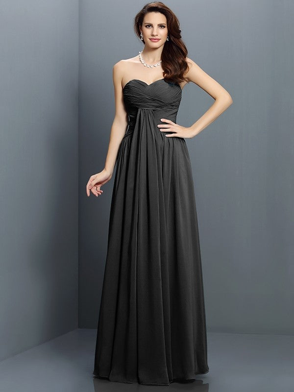 A-Line Charming Sweetheart Pleats Sleeveless Long Satin Bridesmaid Dresses