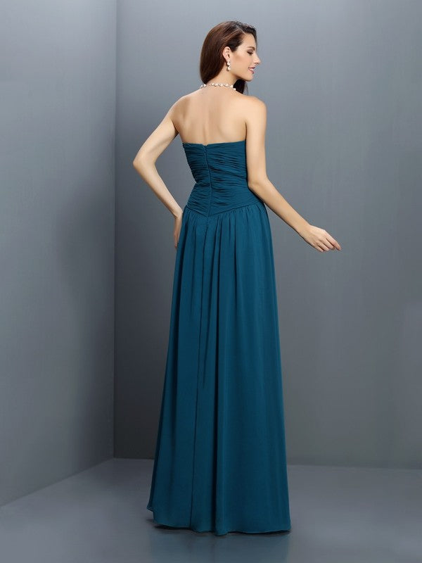 A-Line Charming Sweetheart Pleats Sleeveless Long Satin Bridesmaid Dresses