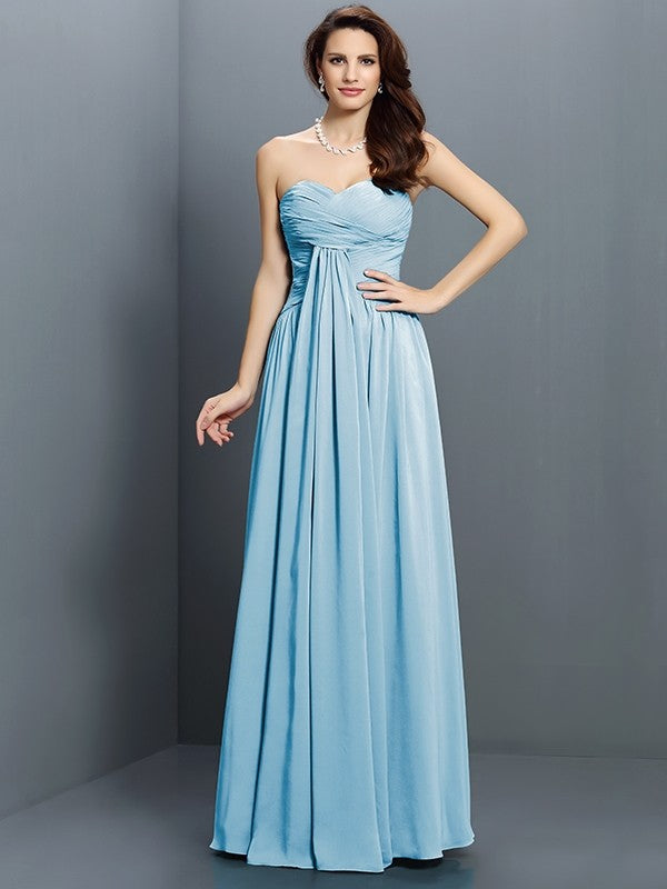 A-Line Charming Sweetheart Pleats Sleeveless Long Satin Bridesmaid Dresses