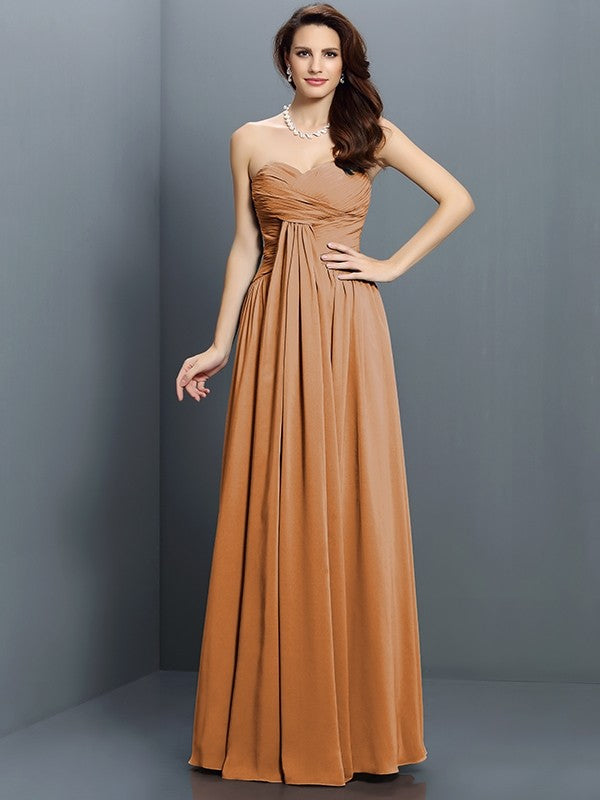 A-Line Charming Sweetheart Pleats Sleeveless Long Satin Bridesmaid Dresses