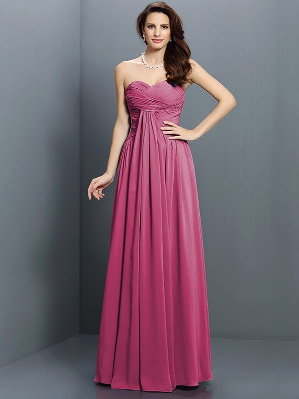 A-Line Charming Sweetheart Pleats Sleeveless Long Satin Bridesmaid Dresses