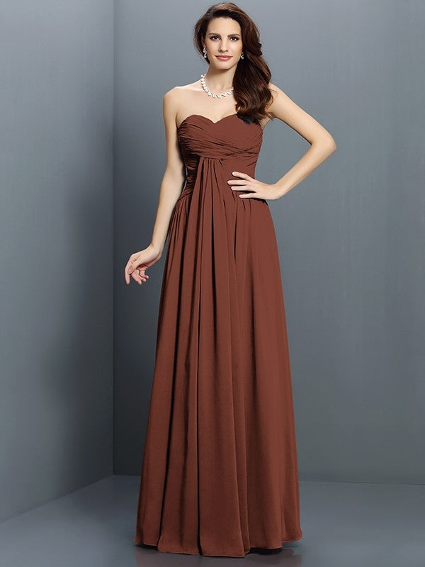 A-Line Charming Sweetheart Pleats Sleeveless Long Satin Bridesmaid Dresses