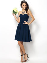 A-Line Charming Sweetheart Pleats Sleeveless Short Chiffon Bridesmaid Dresses