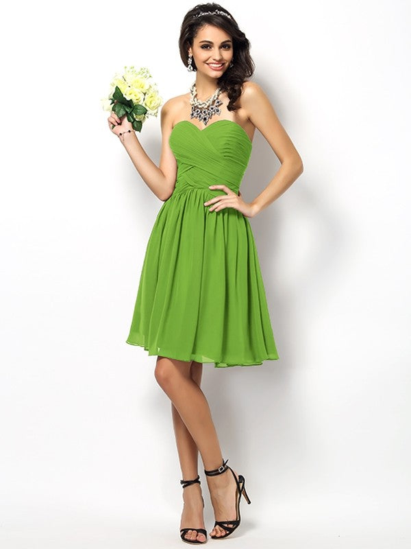 A-Line Charming Sweetheart Pleats Sleeveless Short Chiffon Bridesmaid Dresses