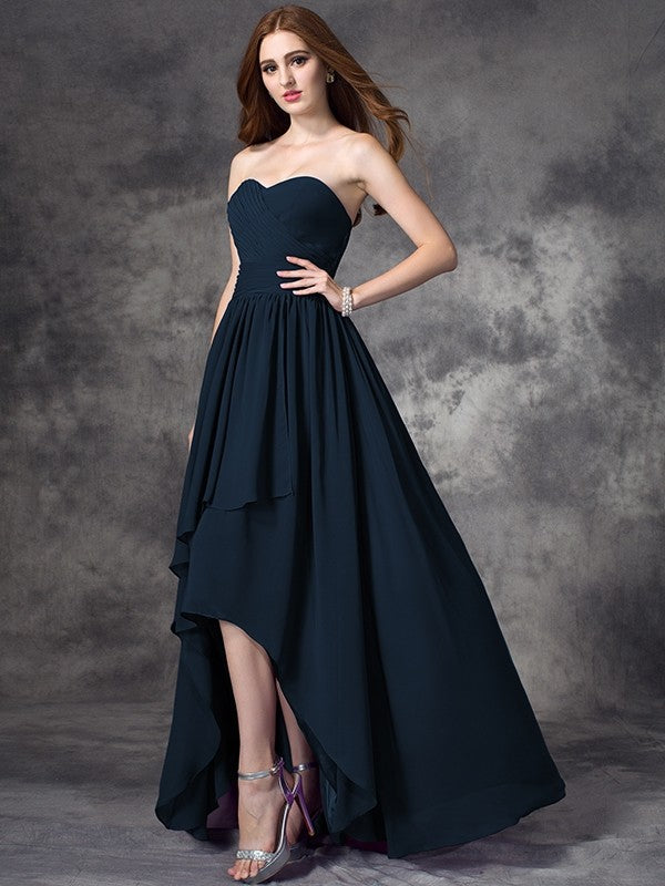 A-Line Charming Sweetheart Ruffles Sleeveless High Low Chiffon Bridesmaid Dresses