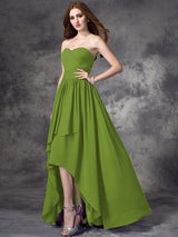 A-Line Charming Sweetheart Ruffles Sleeveless High Low Chiffon Bridesmaid Dresses