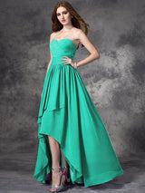 A-Line Charming Sweetheart Ruffles Sleeveless High Low Chiffon Bridesmaid Dresses