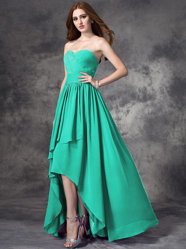 A-Line Charming Sweetheart Ruffles Sleeveless High Low Chiffon Bridesmaid Dresses