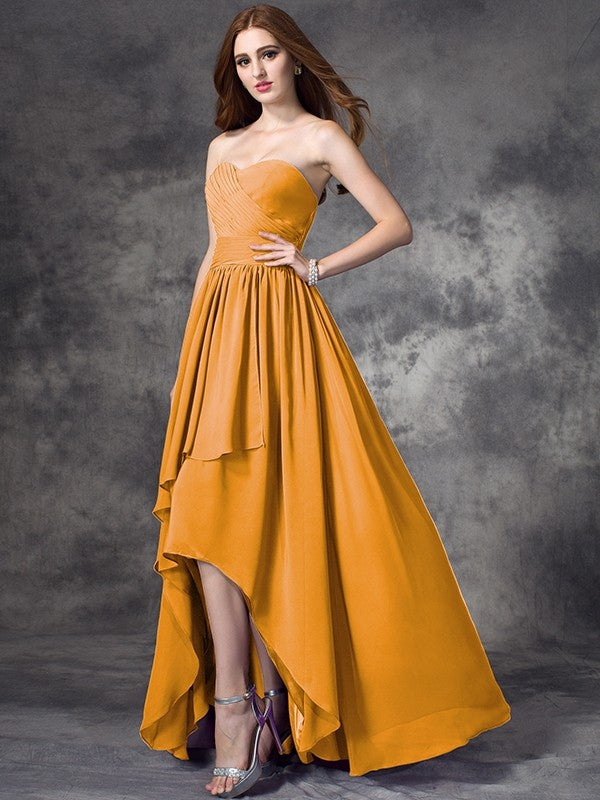 A-Line Charming Sweetheart Ruffles Sleeveless High Low Chiffon Bridesmaid Dresses