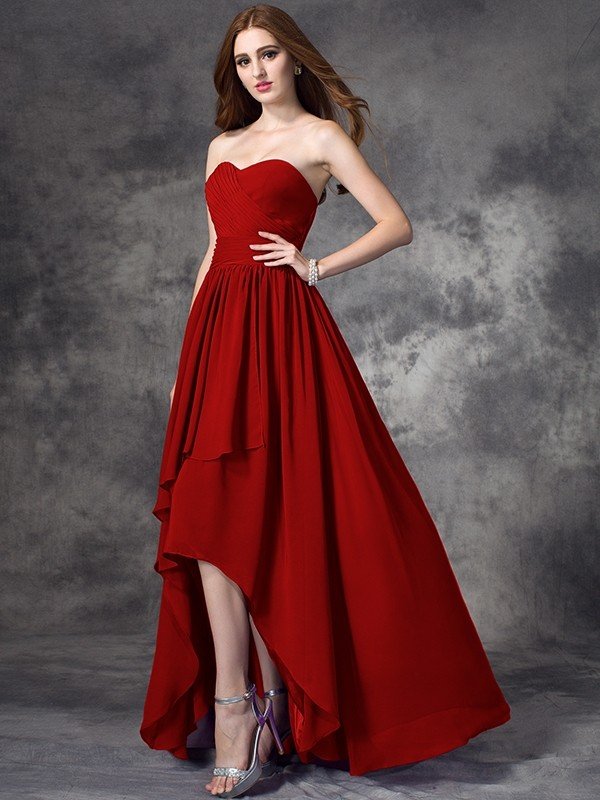 A-Line Charming Sweetheart Ruffles Sleeveless High Low Chiffon Bridesmaid Dresses