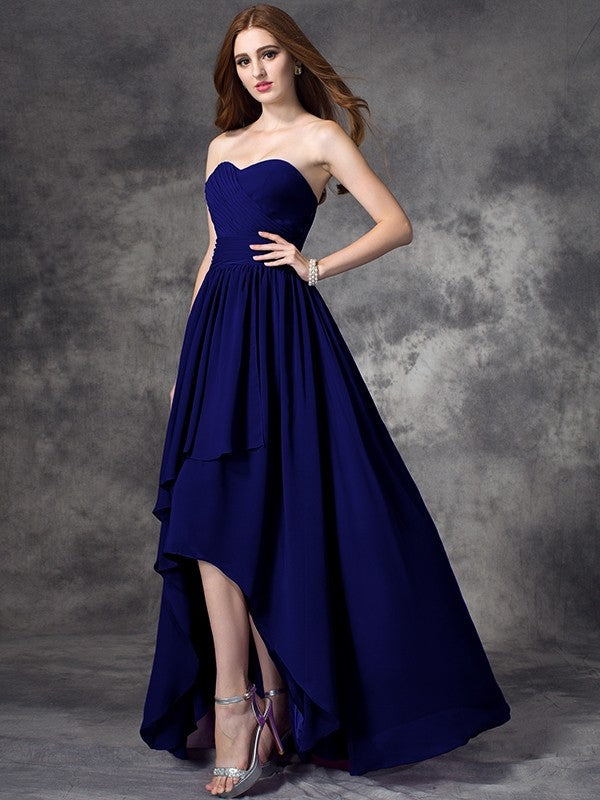 A-Line Charming Sweetheart Ruffles Sleeveless High Low Chiffon Bridesmaid Dresses