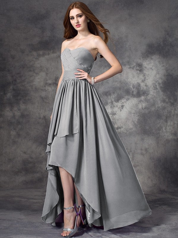 A-Line Charming Sweetheart Ruffles Sleeveless High Low Chiffon Bridesmaid Dresses