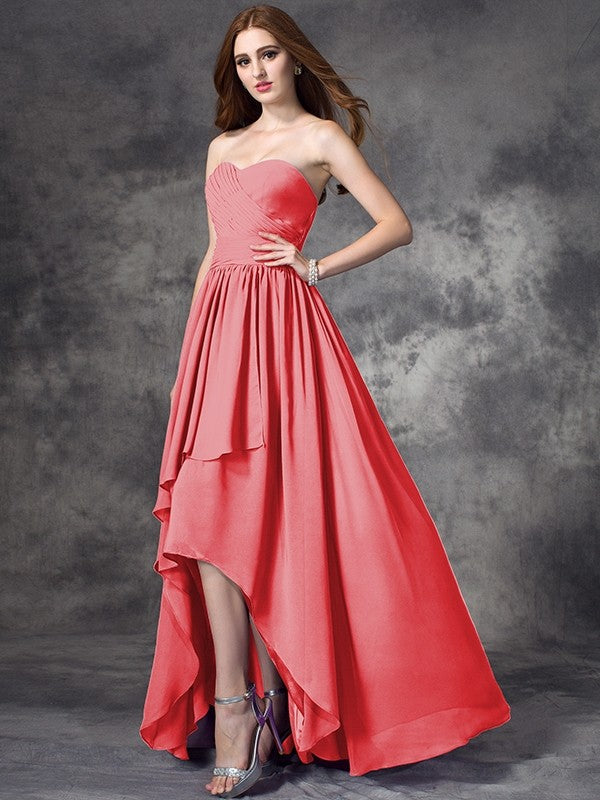 A-Line Charming Sweetheart Ruffles Sleeveless High Low Chiffon Bridesmaid Dresses