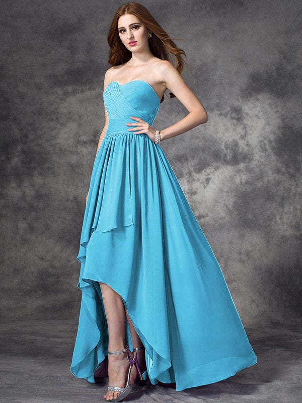 A-Line Charming Sweetheart Ruffles Sleeveless High Low Chiffon Bridesmaid Dresses