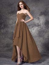 A-Line Charming Sweetheart Ruffles Sleeveless High Low Chiffon Bridesmaid Dresses