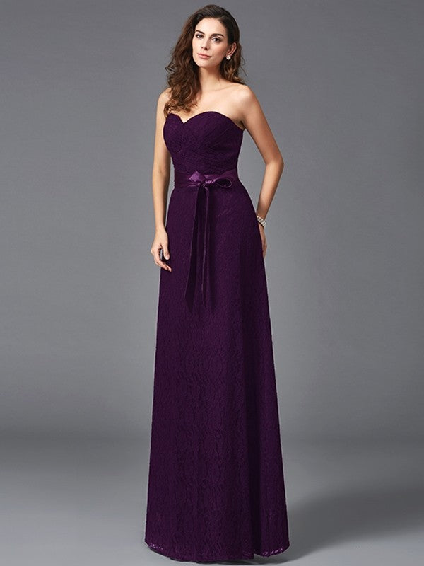 A-Line Charming Sweetheart Sash/Ribbon/Belt Sleeveless Long Lace Bridesmaid dresses