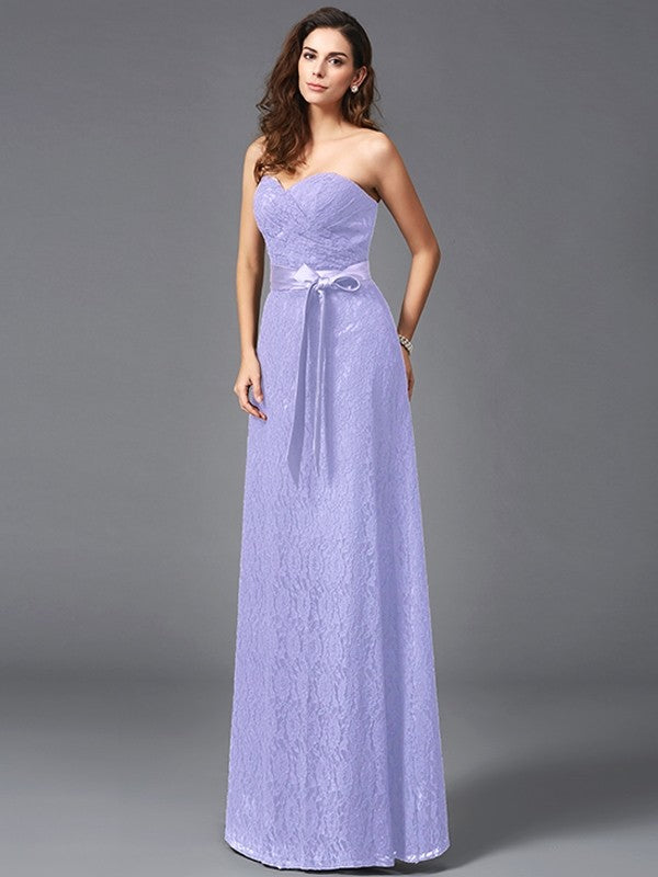 A-Line Charming Sweetheart Sash/Ribbon/Belt Sleeveless Long Lace Bridesmaid dresses